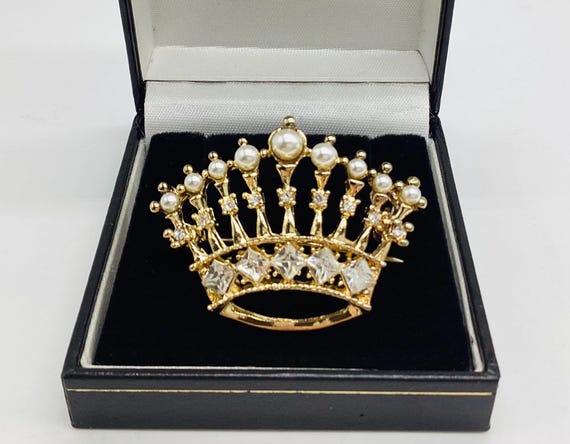 Pearl and Crystal Crown Brooch