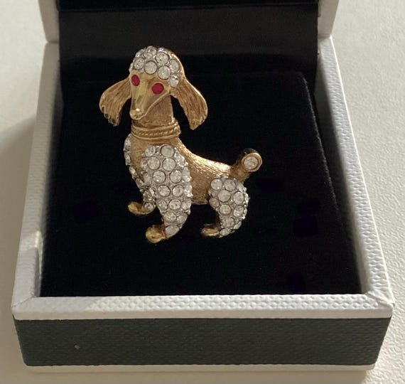 Vintage Attwood & Sawyer Tiny Poodle Dog Brooch: Swarovski Crystal 22ct Gold Plate