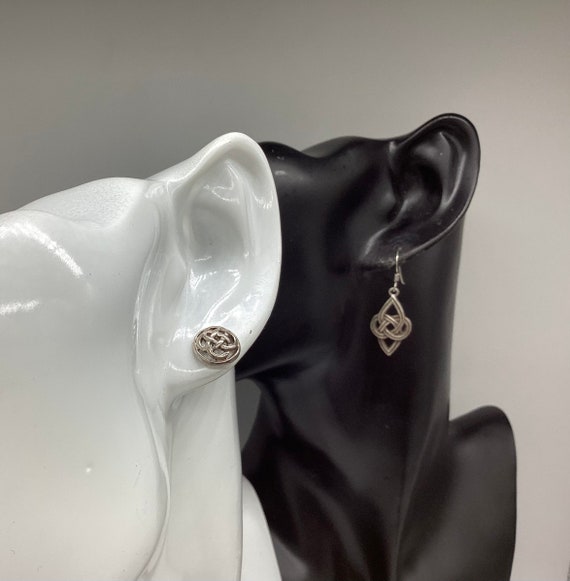 Two Pairs of Celtic Love Knot Earrings Drop Pair and Stud Pair Vintage Solid Silver