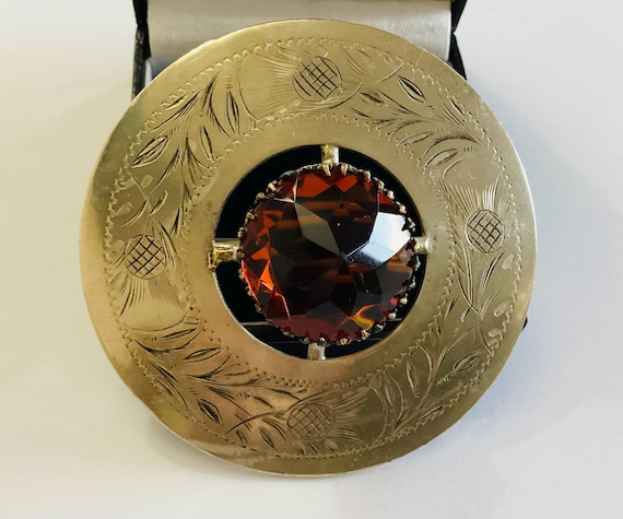 Large Tartan Pin Celtic Scottish Silver Plated Pewter Imperial Topaz Vintage