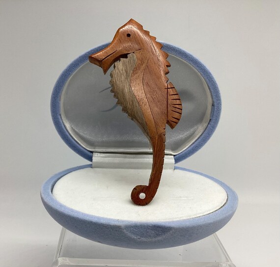 Vintage Art Deco Seahorse  Brooch Pin Three Colour Woods Large 3 inches by 1 1/2 inches