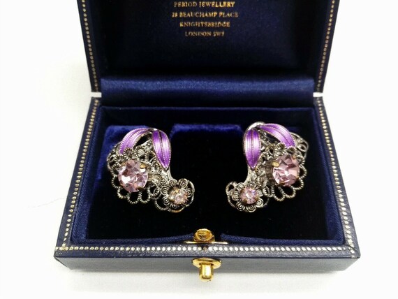 Edwardian Style Lavender Enamel and Crystal Floral Clip On Vintage Earrings