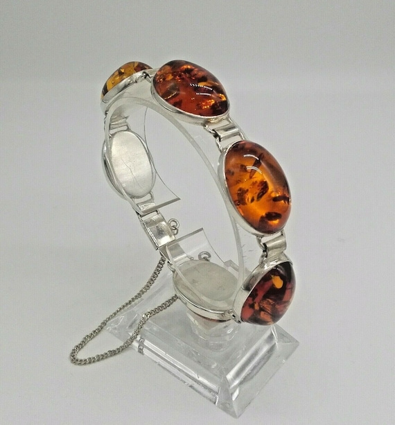 Six Huge Amber Drops in Silver Panel Bracelet Vintage Jewellery 33 grams
