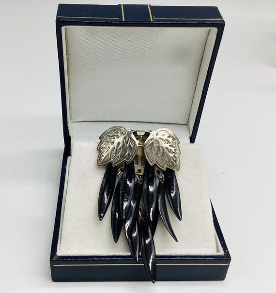 Late Victorian Antique Celluloid and Silver Tone Feather and Leaf Dangle Drop Brooch Goth Style