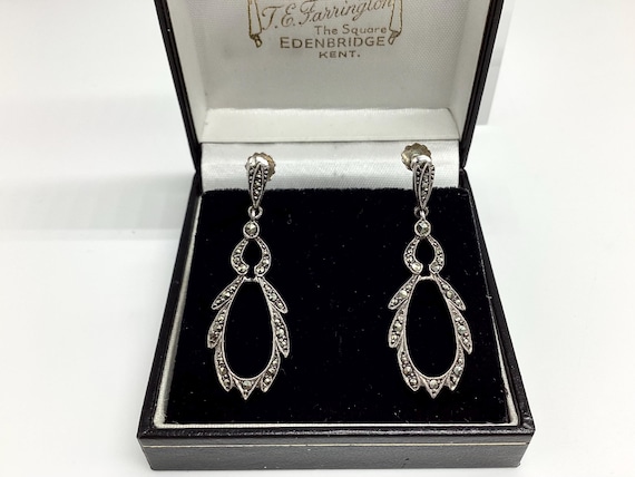 Antique Edwardian Screw-back Dangle Drop Earrings Silver Marcasite