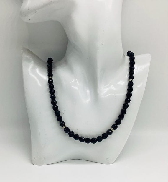 Faceted French Jet and Crystal Necklace Art Deco Revival Matinee Length