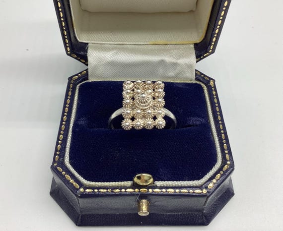 Victorian Ring Granular Silver Rectangular Antique UK Size Q 1/2