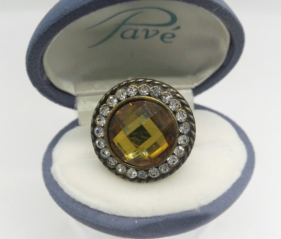 Large Simulated Topaz and Crystal Ring Vintage 1980's Jewellery UK N US 6 3/4