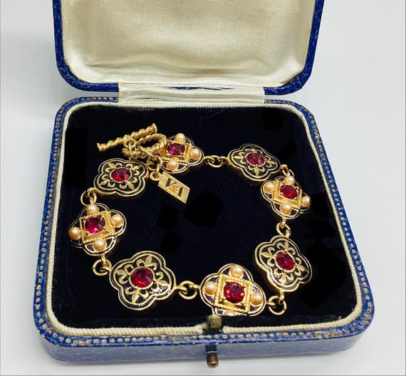 V&A Museum Bracelet, Tudor Renaissance Revival Red Glass Enamel and Pearl Detail Vintage Gold Plated