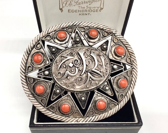 Vintage Art Deco Ethnic Silver Coral Large Brooch Trombone Clasp 35th Wedding Anniversary