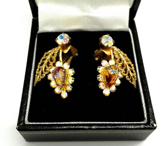 Czech Glass Opal & Aurora Crystal Flower Filigree Clip On Earrings 1930s Bohemian Art Deco October Birthstone 14th Wedding Anniversary