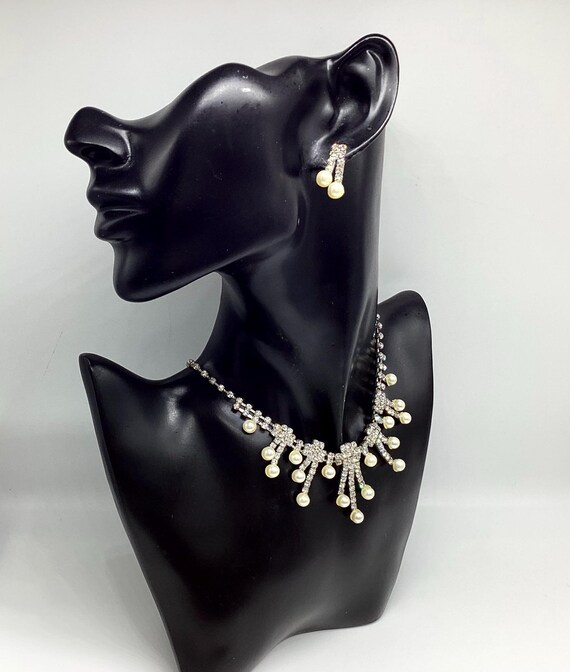 Fabulous Matching Pearl and Rhinestone Fringe Bib Necklace and Earrings