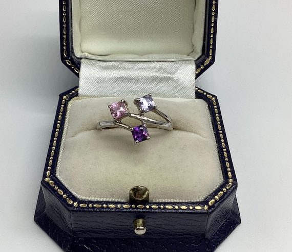 Pretty Three Stone Ring Amethyst Pink Morganite February Birthstone Ring Solid 925 Silver UK Size R US Size 8 5/8