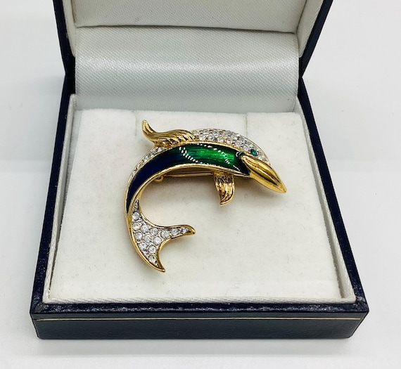 Attwood and Sawyer Dolphin Brooch 22ct Gold Plated Enamel Swarovski Crystal Vintage Brooch Fabulous Signed Vintage Designer Jewellery