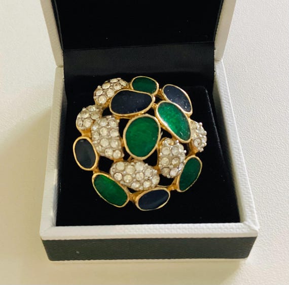 Attwood and Sawyer Avant Garde Design Brooch Blue & Green 22ct Gold Swarovski Crystal Fabulous Vintage