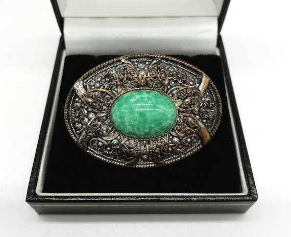 Beautiful Large Czech Antique Brooch Deep Green Peking Glass and Silvered Brass Filigree 1929's Jewellery Art Deco