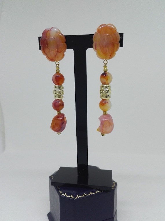 Fabulous Genuine Lucite Dangle Drop Earrings 1980's Retro Collectable with Original Tags Swirled Shades of Peaches and Cream 3 inch Drop
