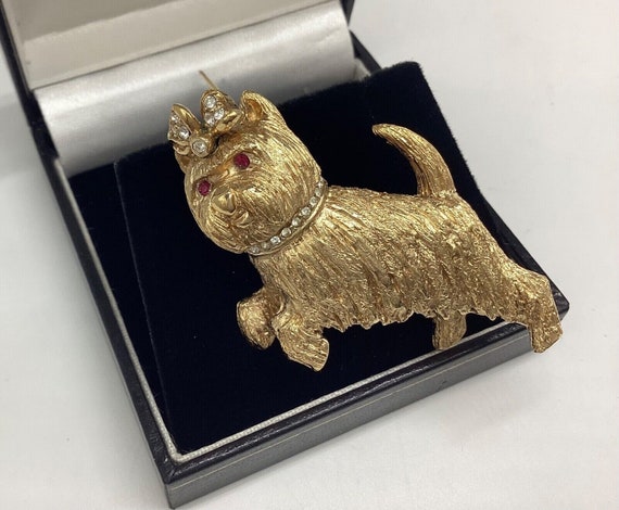 Rare Attwood and Sawyer Scottie Dog Swarovski Crystal Bow Collar 22ct Gold Plate Dog Lover Signed Designer Vintage Jewellery