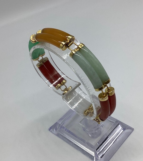 Beautiful Vintage Double Row Natural Multi Coloured Jade Gold Plated Vermeil Sterling Silver Bracelet