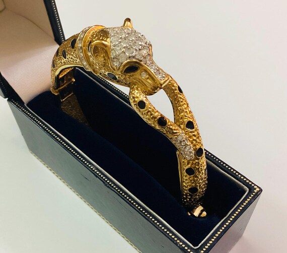 Attwood and Sawyer Leopard Hinged Bangle 1980Swarovski Crystals 22 Gold Plated Boxed