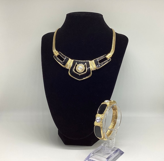 Bergdorf Goodman Necklace and Bangle Set Matching Black Enamel and Crystal Gold Plated 1980s Jewellery Collectible