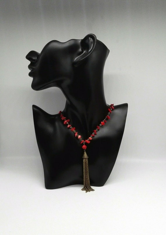 Vintage Ethnic Coral Necklace Red Coral beads Brass Links and Tassel 35th Anniversary Gift Birthday Gift