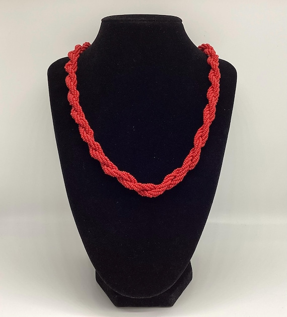 Lipstick Red 1950's Twisted Rope Glass Bead Necklace Matinee Length 24 Inches
