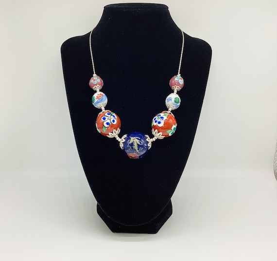 Chinese Ceramic Hand Painted Bead Necklace Chain Flowers