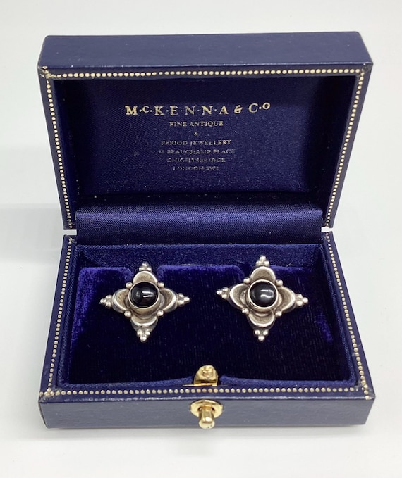 Antique Earrings Silver and Onyx Large Stud Edwardian c1905