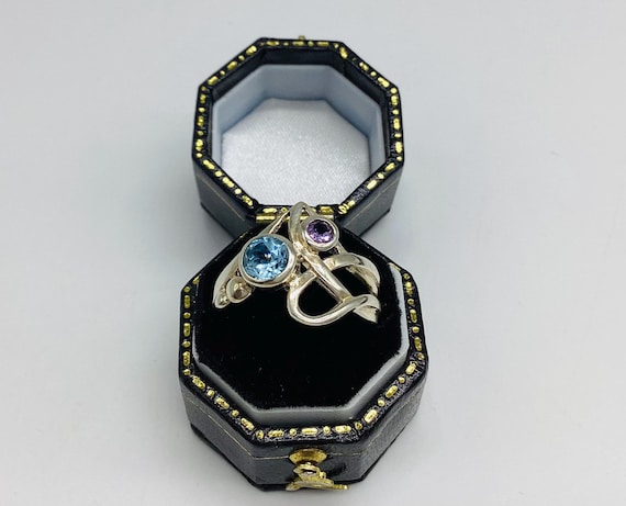Vintage Kit Heath Ring: Blue Topaz and Amethyst, Signed (USA Size 6 1/4)