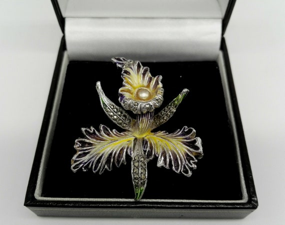 Yellow and Black Enamel and Marcasite Set with Pearl Orchid Brooch Pin Vintage 1950's Jewellery Art Nouveau Style