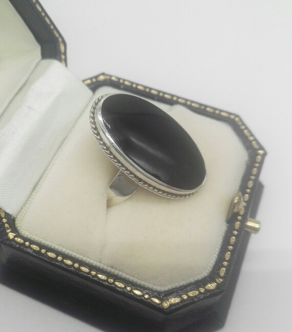 Onyx and Solid Silver Ring, Twisted Rope Frame - … - image 3
