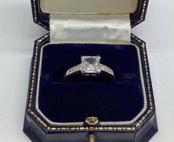 Vintage Solitaire Cubic Zirconia Square Cut Solid Silver Ring Gem Set Shoulders Size M 1/2 Claw Setting Valentine's Day Gift of Love