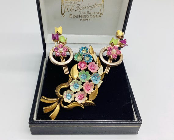 Very Pretty Enamel and Crystal Brooch and Screw Back Earrings Tulips and Flowers 1940s/50s