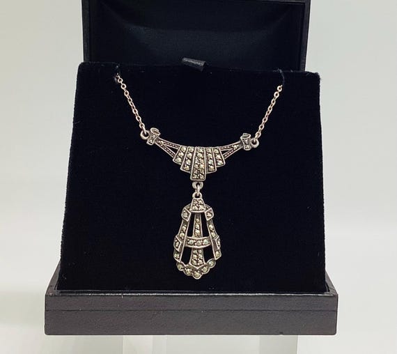 Antique Edwardian Period Lavaliere Necklace Marcasite Petit  Girl 15 1/2 inches