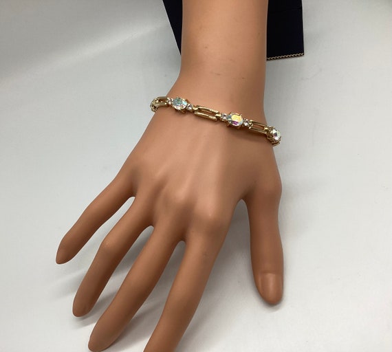 Vintage Fabulous Aurora Rhinestone Yellow Gold Plated Link Bracelet Signed Roman