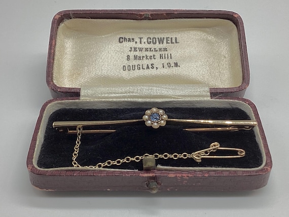 9ct Solid Gold Bar Brooch Antique Victorian Sapphire and Seed Pearl  September Birthstone Safety Chain