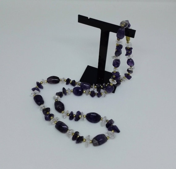 Large Natural Polished Amethysts Beads Strung with Clear Quartz Crystals Brass and Beads. February Birthday 6th Anniversary
