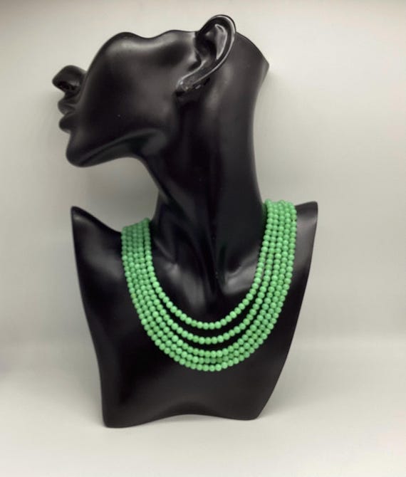 Czech Apple Jade Green Glass Bead Five Strand Necklaces Brass Filigree Clasp C1930