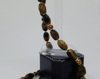 Collier Perles Agate Marron Et Blanc Avec Cristal Et œil De Tigre - 18,5" - Occasion