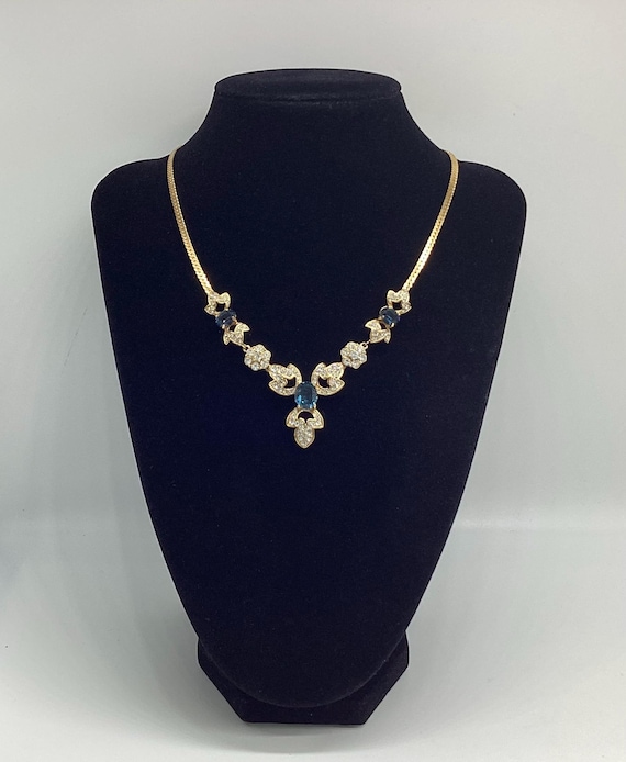Attwood & Sawyer Swarovski Crystals Clear and  Sapphire Blue 3 Section Lavalier Necklace Vintage 1970
