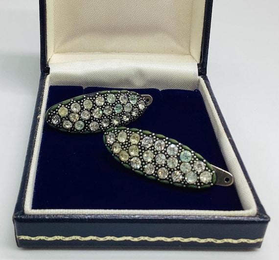Fabulous Pair of Bakelite and Rhinestone Dress Clips Signed Made in France