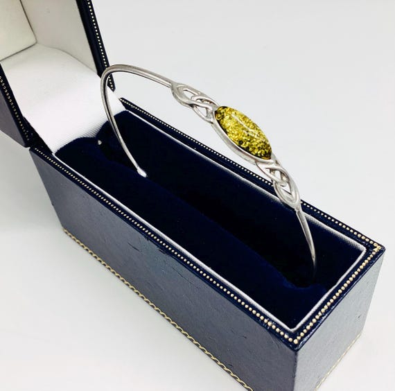 Solid Silver Torque Green Amber  Bangle Vintage i… - image 1