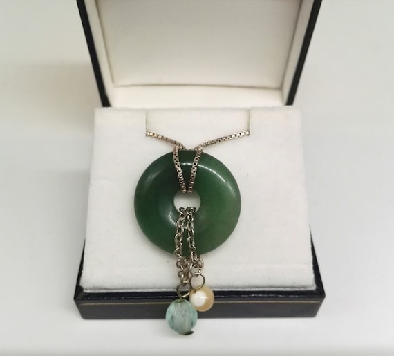 Chinese Jade Donut Ring Pendant With Beads And A … - image 1