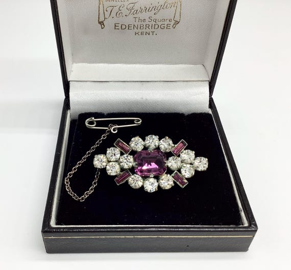 Beautiful Art Deco Rhinestone Brooch Amethyst Colour and Crystal Clear Stones Dainty Lace Pin Safety Chain