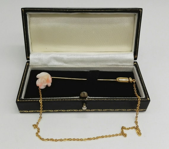Vintage Carved Angel Skin Rose Coral Long Dress Pin 35th Wedding Anniversary