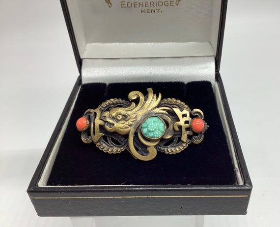 Art Deco Chinese Revival Czech Glass Jade & Coral Serpent Brooch Max Neiger