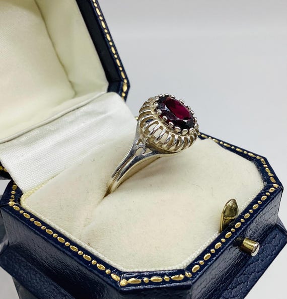 Mid Century Garnet Ring Sterling Silver – Oval Crown Setting Cocktail Style