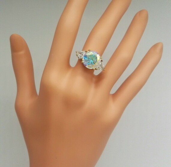 Fabulous Aurora Facet Magic Crystal Ring with Cubic Zirconia 18 ct Gold on Sterling Silver J.5