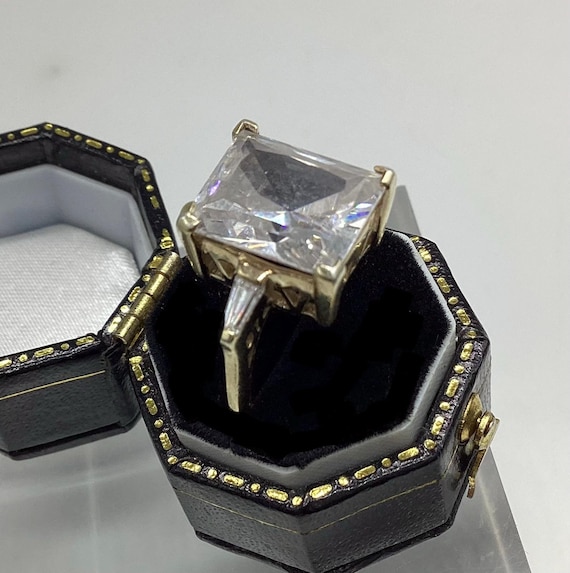 Huge Square Cubic Zirconia Ring Gold on Silver Vermeil Size N 1/2